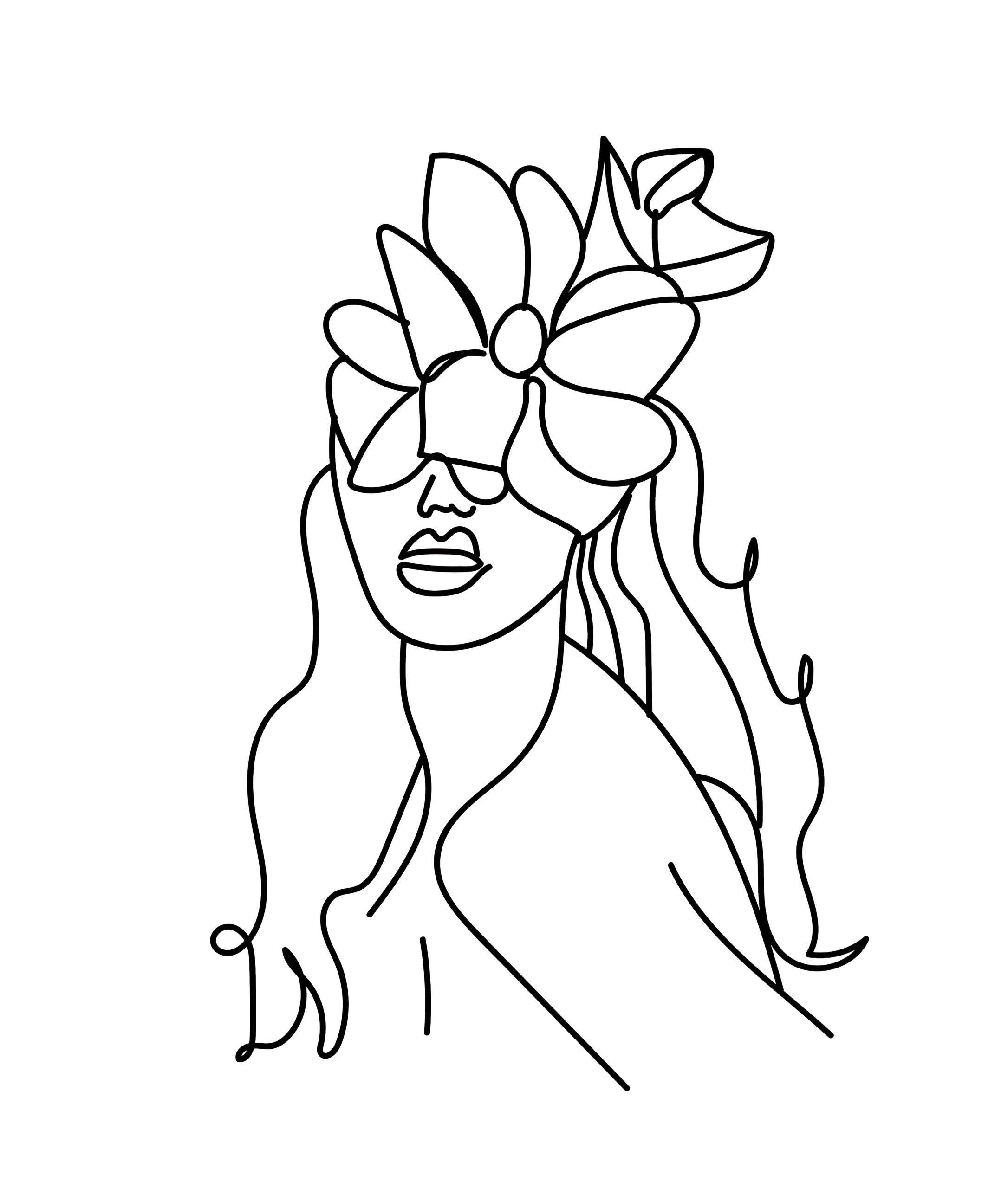 Minimal line art illustration of a woman with flowers covering her eyes