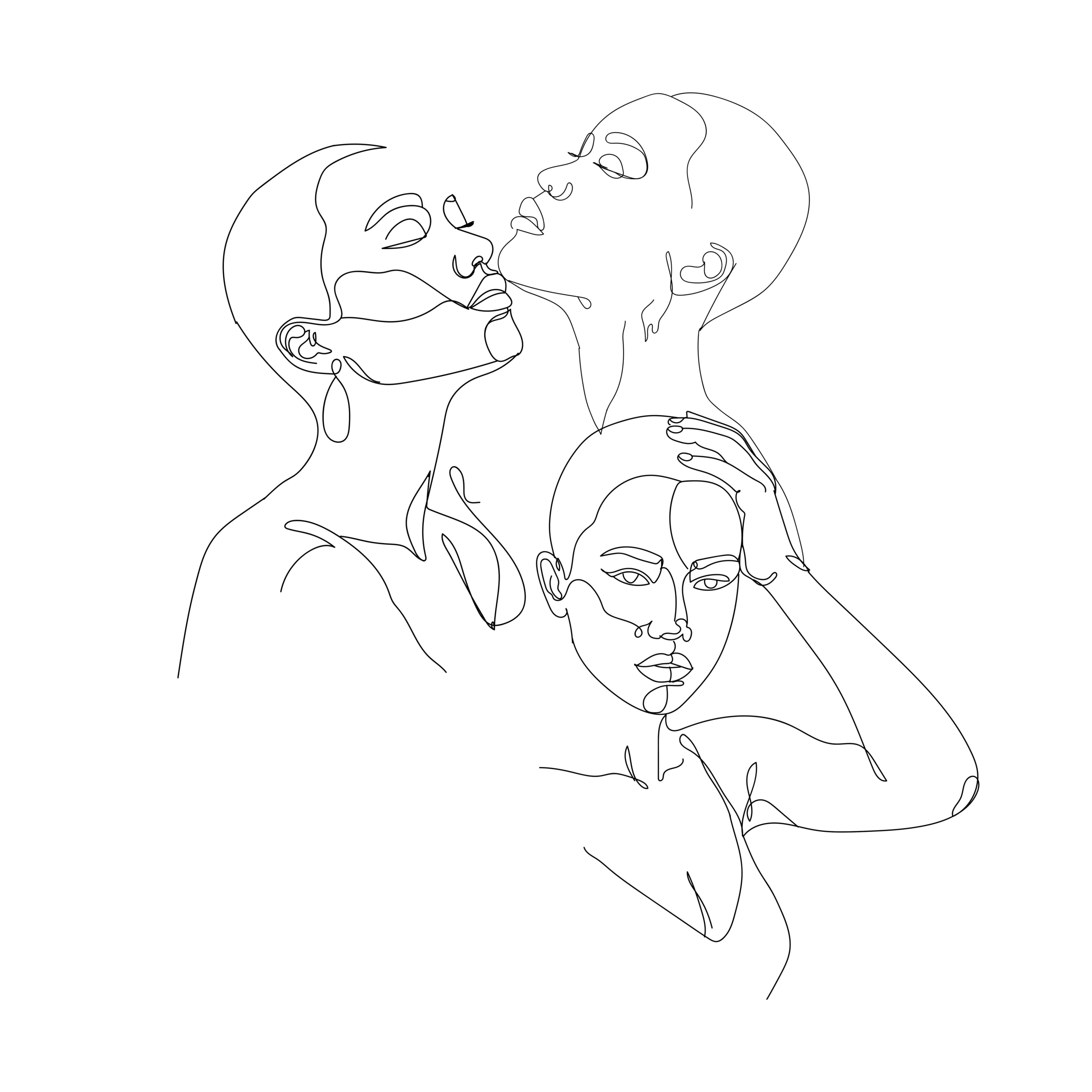 Minimal line art illustration of interconnected human faces and emotional connection